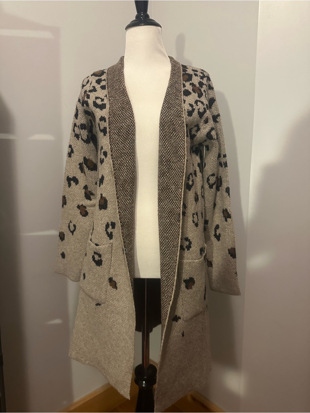 Nine West Beige and Brown Leopard Open-Front Cardigan
